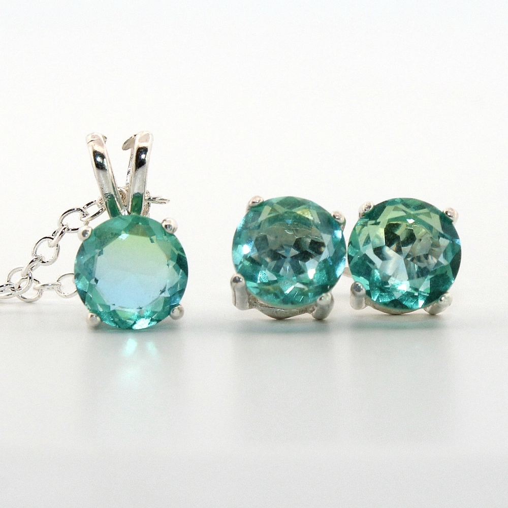 Round Blue & Green Tourmaline Sterling Silver Earrings/Necklace Set 7RBGTSSENSMB
